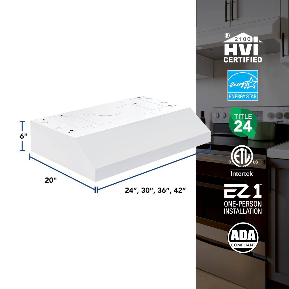 The text on the image reads: "R 2100 HVI CERTIFIED energyi ENERGY STAR T TI 6" T 20" 24", 30", 36", 42" DD TITLE D 24 C ETL US LIBTED Intertek EZ1 1 ONE-PERSON INSTALLATION ADA COMPLIANT."