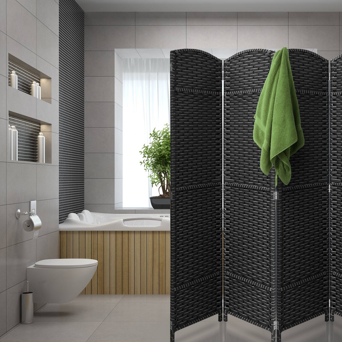 Alt View 3. Sorbus - Sorbus 8 Panel Room Divider 6 ft. Tall - Privacy Screen, Extra Wide Double Hinged Panels, Mesh Hand-Woven Design - Grey with Lines.