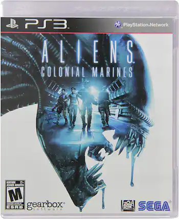 Sure, here is the corrected and grouped text from the image:
---
**PlayStation 3**
**Aliens: Colonial Marines**
**PlayStation.Network**
**MATURE 17+**
**JEUNES ADULTES**
**CONTENT RATED BY ESRB**
**gearbox software**
**SEGA**
**20th Century FOX**
---
This text is organized to reflect the information as it appears on the cover of the game. - E10+ (Everyone 10+)