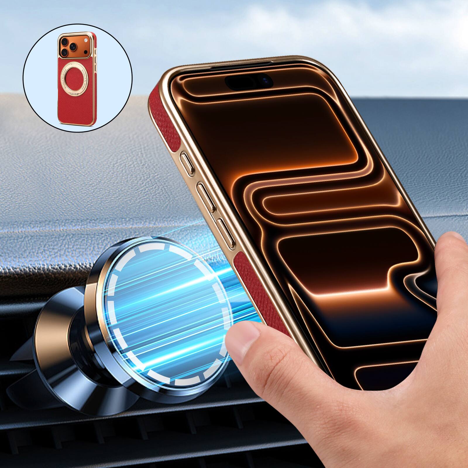 Left. Dteck - for Apple iPhone 17 Pro Max Magnetic Case,Slim PU Leather Texture Cover with Metal Ring Holder,Shockproof Non-Slip Cover - Red.