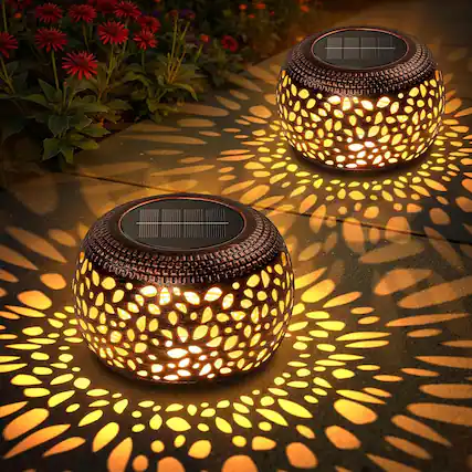 Front. Schertz - 2 Piece Hollow Out Retro Metal Solar Lights - Lovely Ambient Table Lantern - Copper 2 Pack.
