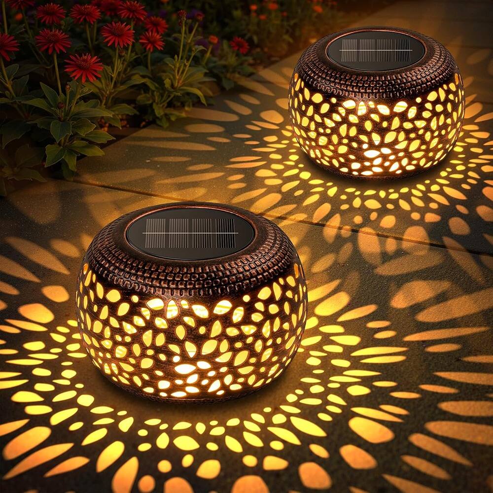 Front. Schertz - 2 Piece Hollow Out Retro Metal Solar Lights - Lovely Ambient Table Lantern - Copper 2 Pack.