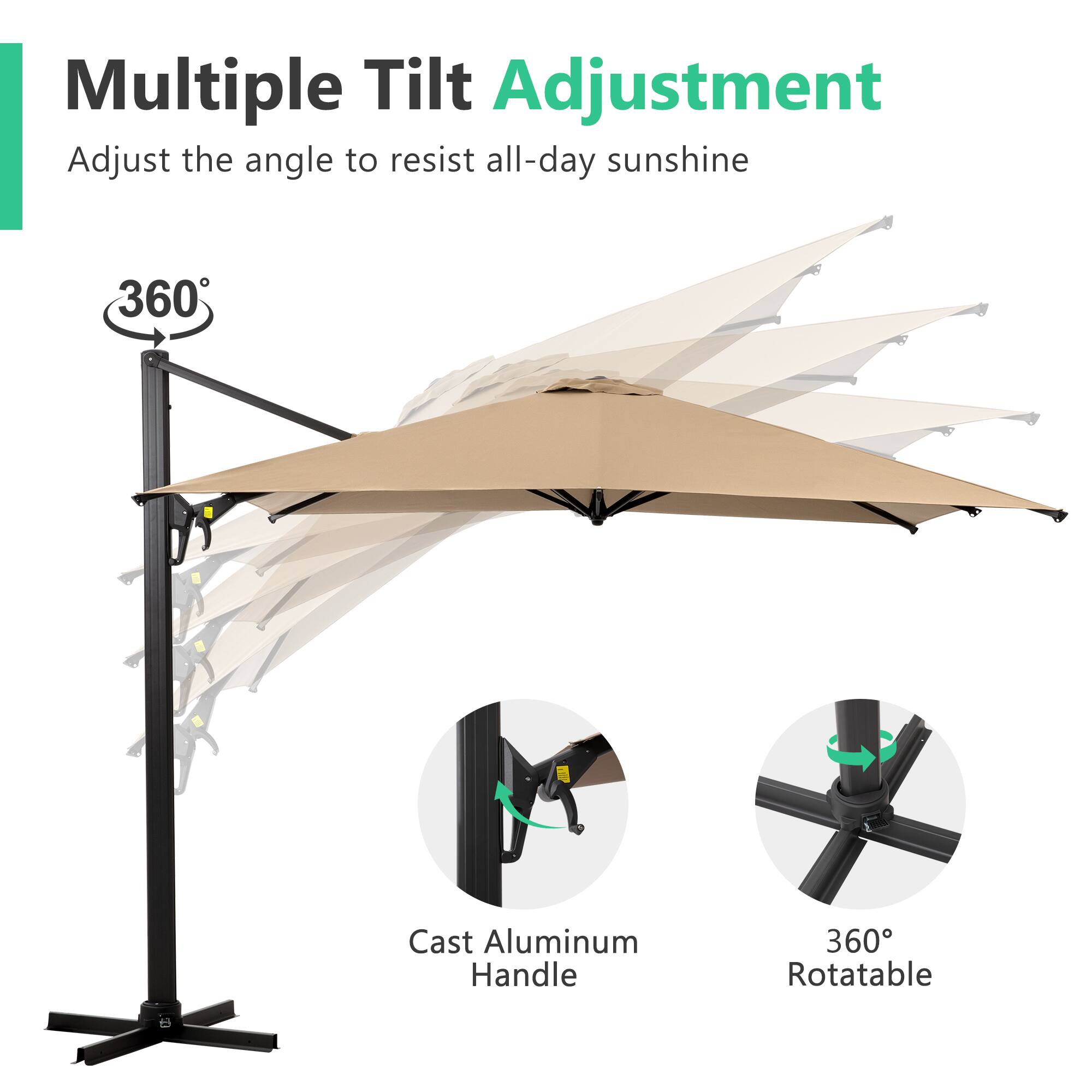 Multiple Tilt Adjustment  
Adjust the angle to resist all-day sunshine  

360° Cast Aluminum Handle  
360° Rotatable