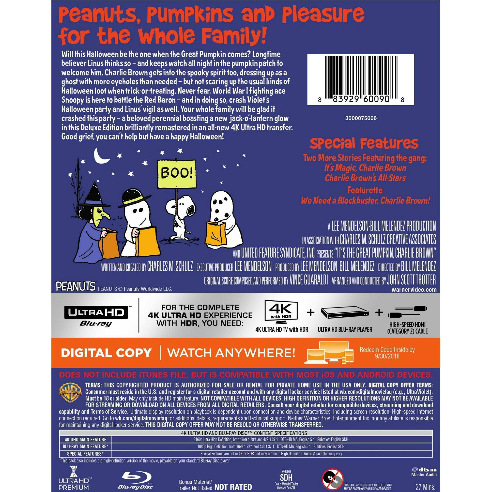Back. Peanuts - It's the Great Pumpkin, Charlie Brown   - 4K Blu-Ray.