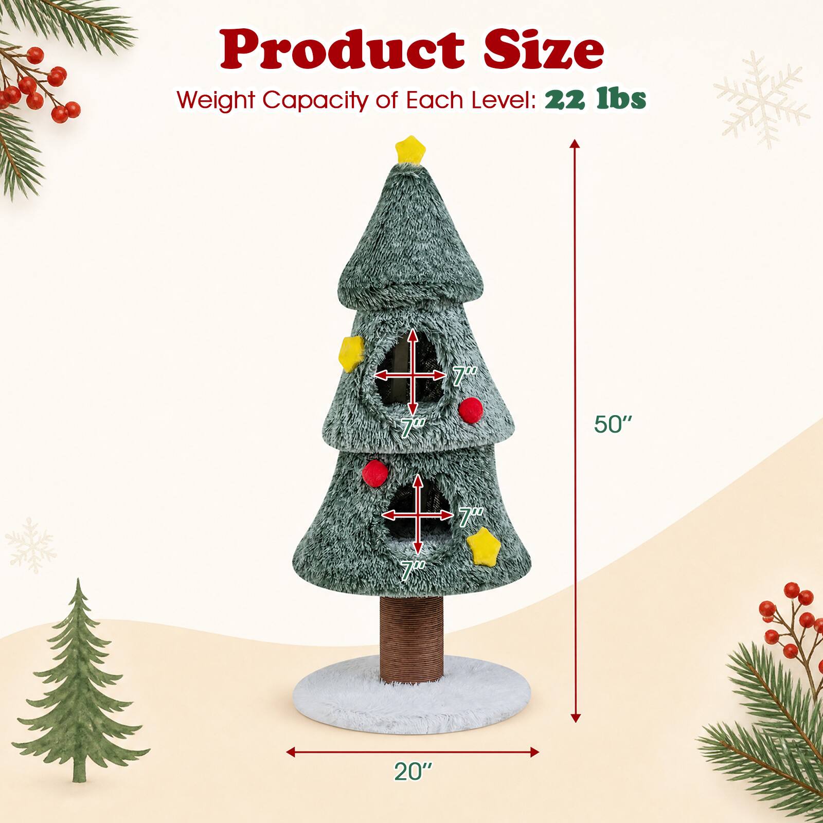 Product Size  
Weight Capacity of Each Level: 22 lbs  
Height: 50"  
Width: 20"