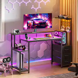 Furologee - 48"W Gaming Desk With Recessed Power Outlets computer Desk With 3-tier Fabric Drawers Gaming Desk With Cpu Stand And Le - Black