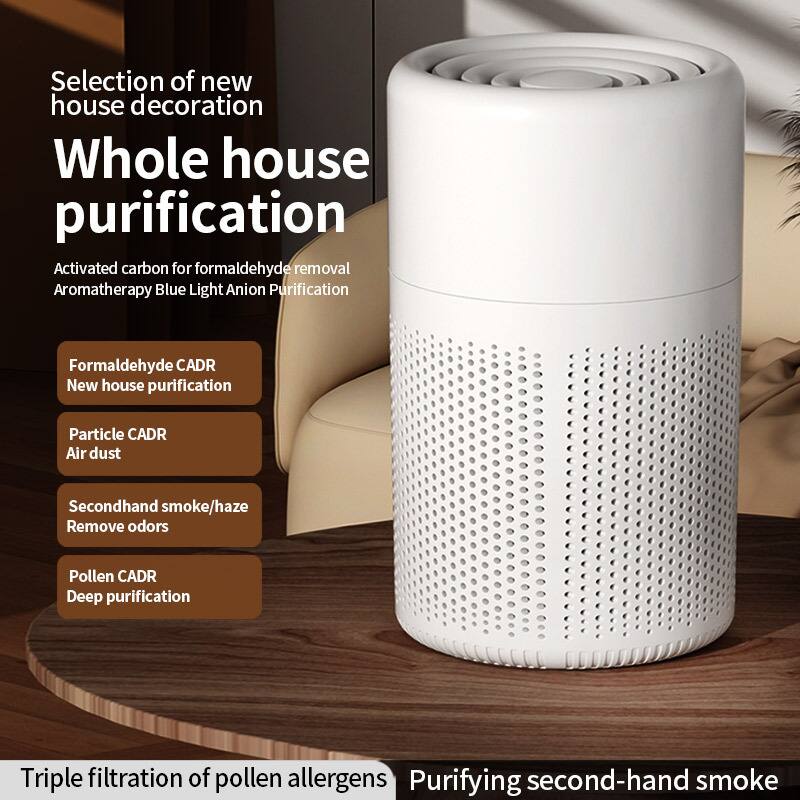 Selection of new house decoration  
Whole house purification  

Activated carbon for formaldehyde removal  
Aromatherapy Blue Light Anion Purification  

Formaldehyde CADR  
New house purification  

Particle CADR  
Air dust  

Secondhand smoke/haze  
Remove odors  

Pollen CADR  
Deep purification  

Triple filtration of pollen allergens  
Purifying second-hand smoke