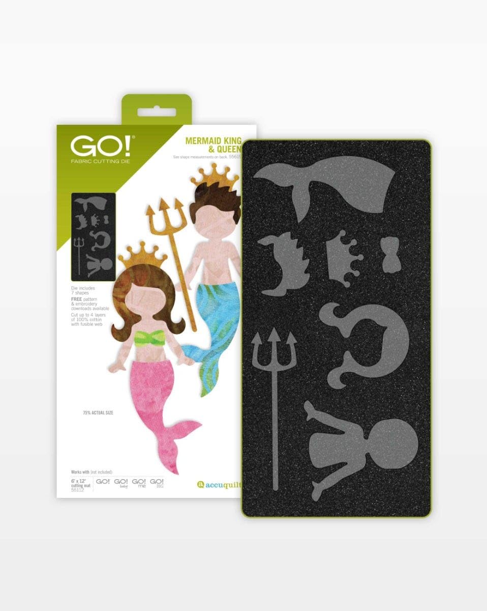 GO! FABRIC CUTTING DIE

De includes FREE pattern & embroidery downloads available
Cut up to 4 layers of 100% cotton with fusible web
75% ACTUAL SIZE
Works with GO! GO! GO! GO! cutting mat

MERMAID KING & QUEEN
Size: 6" x 12"

accuquilt
