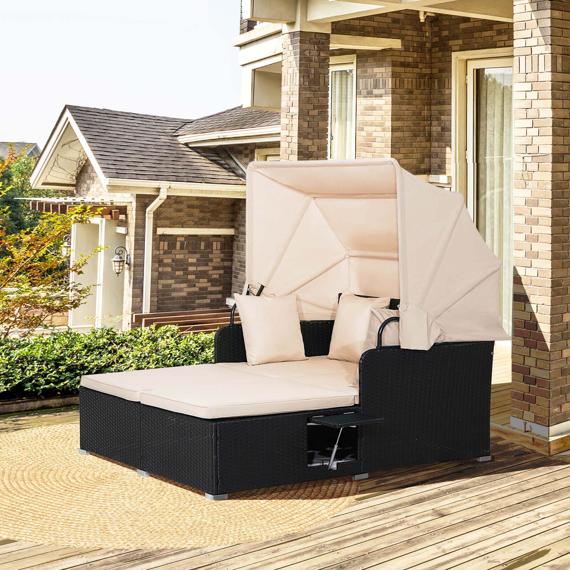 Alt View 3. Costway - Patio Rattan Daybed Lounge Retractable Top Canopy Side Tables Cushions - Black + Beige.