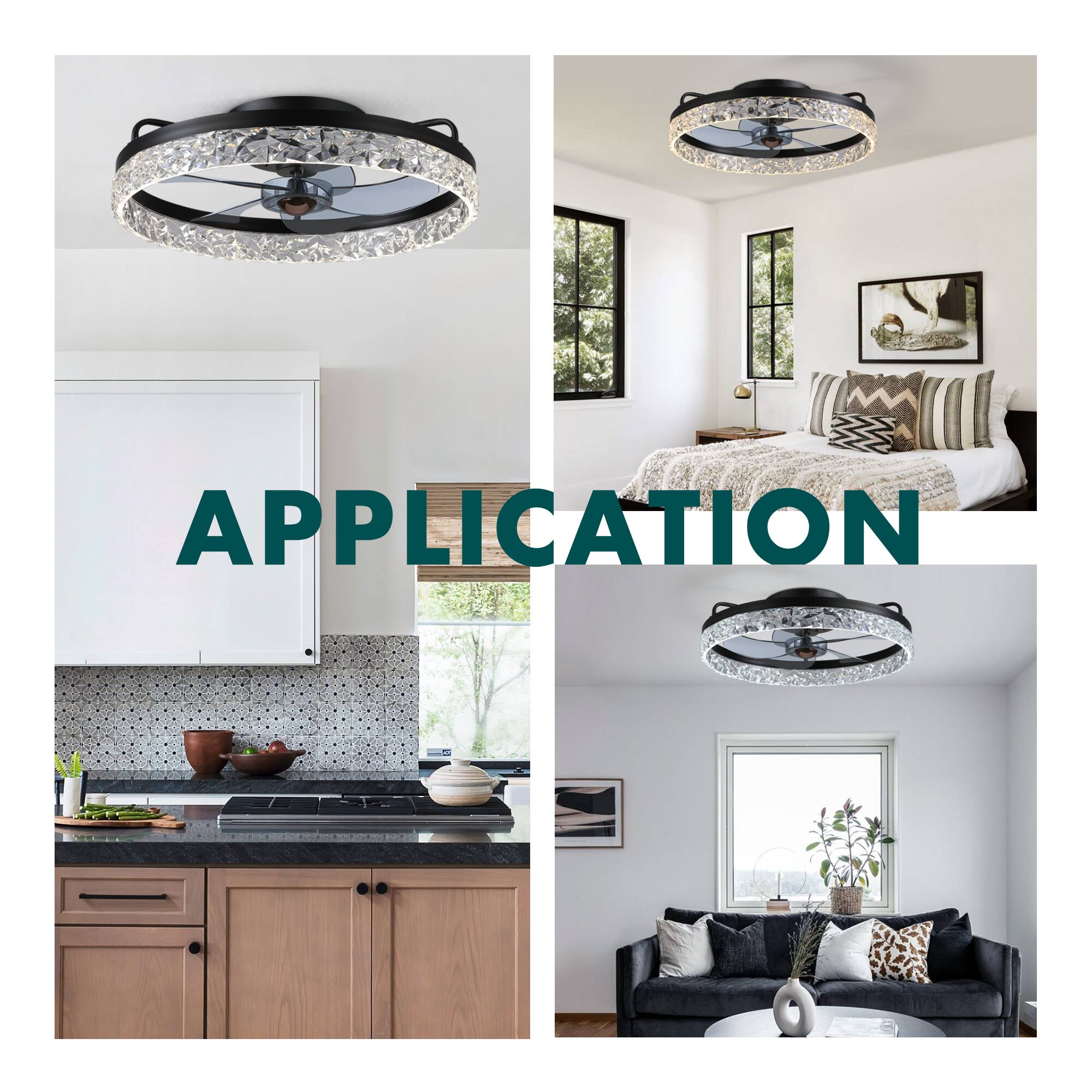 Left. Siljoy - 20-22-inch Luxury Crystal Flush Mount Fan Light Dimmable Quiet for Bedroom and Living Room - BLACK.