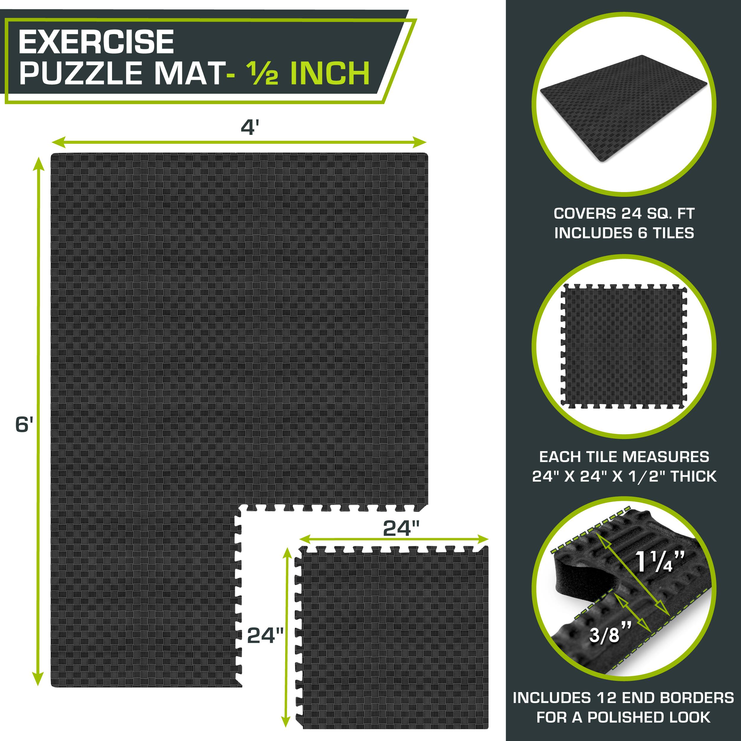 The corrected text is:

"Exercise Puzzle Mat - 1/2 inch. 4' x 6' covers 24 sq. ft. Includes 6 tiles, each measuring 24" x 24" x 1/2" thick. Includes 12 end borders for a polished look."