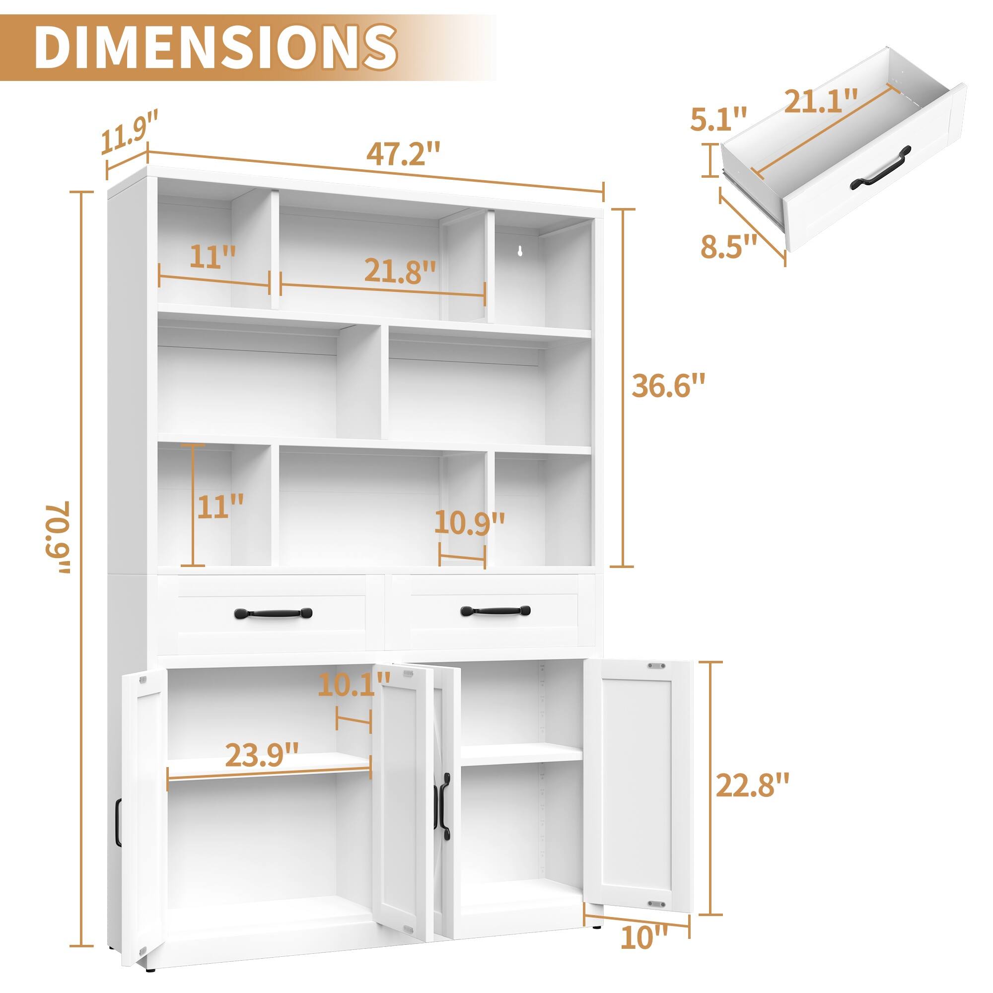 DIMENSIONS

- 11.9"
- 47.2"
- 21.1"
- 5.1"
- 11"
- 21.8"
- 8.5"
- 36.6"
- 70.9"
- 11"
- 10.9"
- 10.1"
- 23.9"
- 22.8"
- 10"