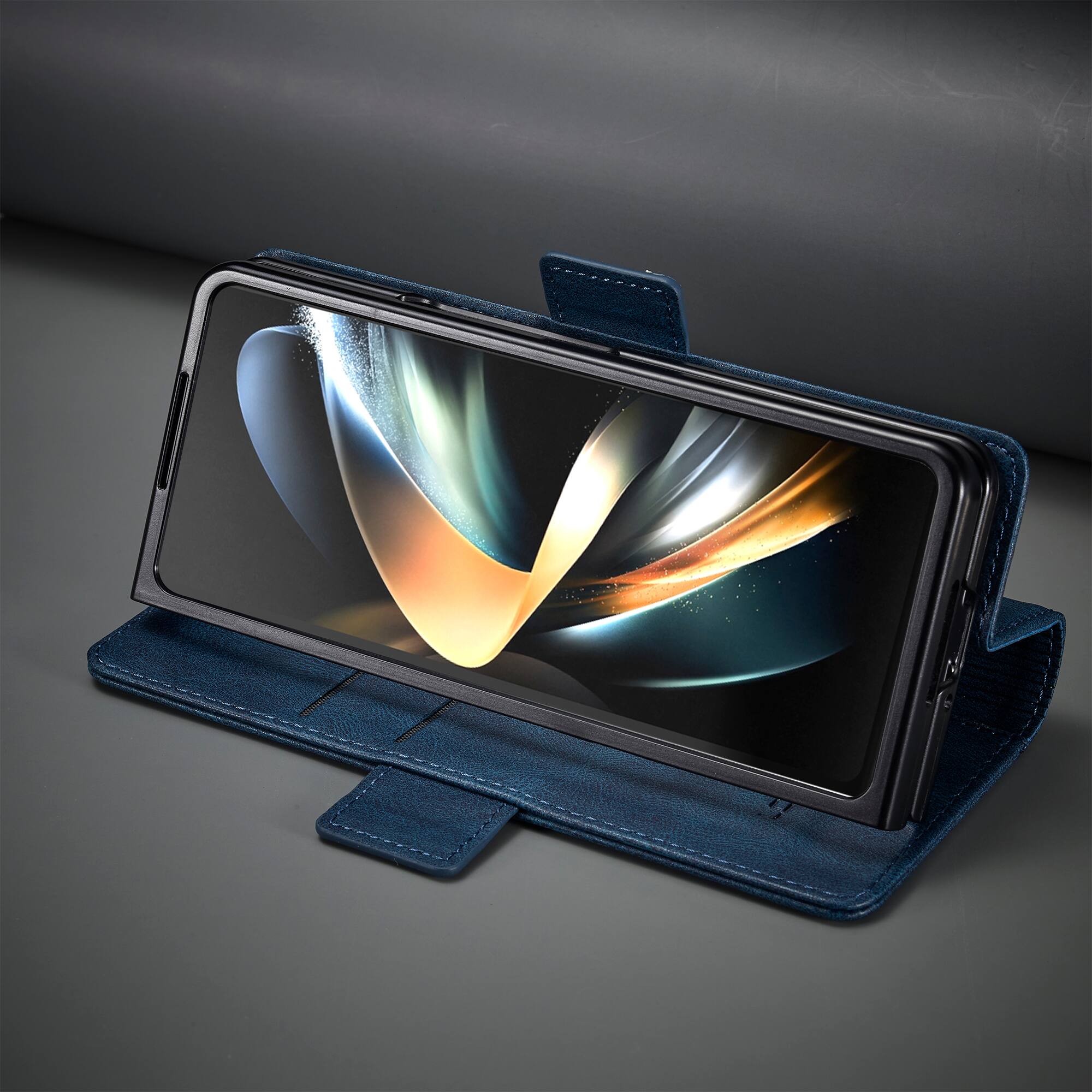 Alt View 3. Dteck - Wallet Case for Samsung Galaxy Z Fold 7, Magnetic PU Leather RFID Blocking Card Slots Kickstand Shockproof Cover - Blue.