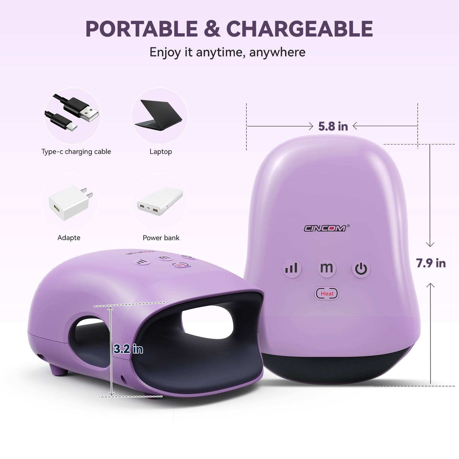 PORTABLE & CHARGEABLE  
Enjoy it anytime, anywhere

5.8 in  
Type-c charging cable  
Laptop  
Adapte  
Power bank  
CINCOM  
7.9 in  
Heat  
3.2 in