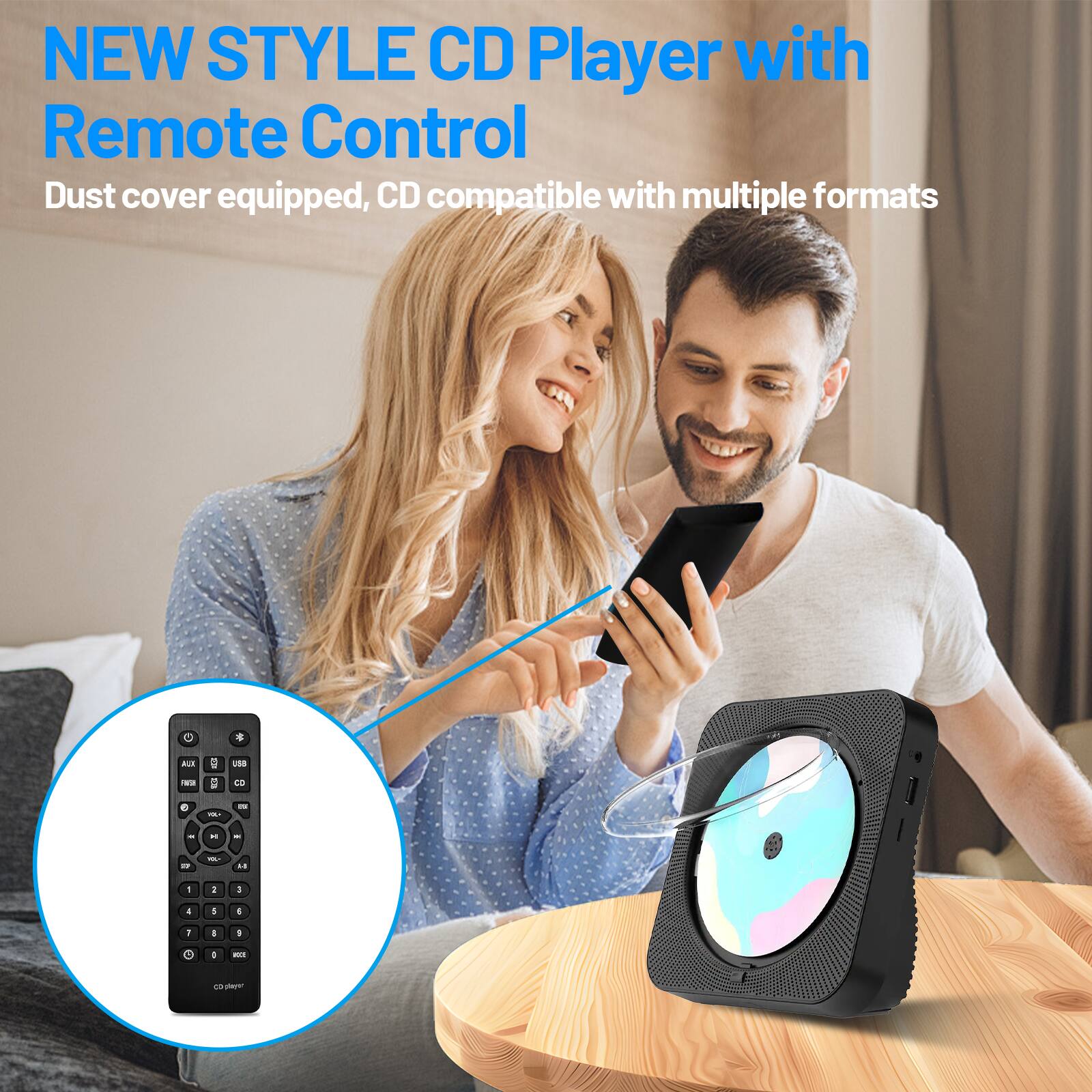 NEW STYLE CD Player with Remote Control  
Dust cover equipped, CD compatible with multiple formats
