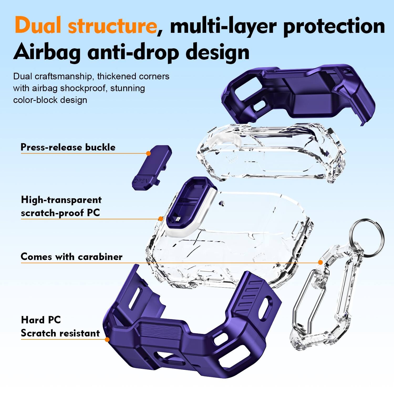 Dual structure, multi-layer protection Airbag anti-drop design

Dual craftsmanship, thickened corners with airbag shockproof, stunning color-block design

Press-release buckle

High-transparent scratch-proof PC

Comes with carabiner

Hard PC Scratch resistant