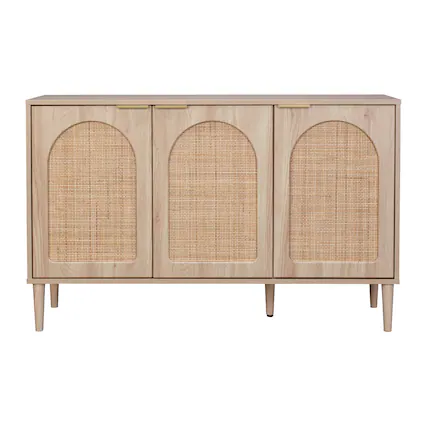 Front. CorLiving - CorLiving Freya Engineered Wood Sideboard with 3 Arched Rattan Doors and 4 Internal Shelves - Light Brown.
