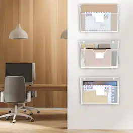 Oumilen - 3-Pack White Wall-Mounted Mesh File Organizer, 13.38 in Hanging Document Holder with Label Slot & Hooks for Office