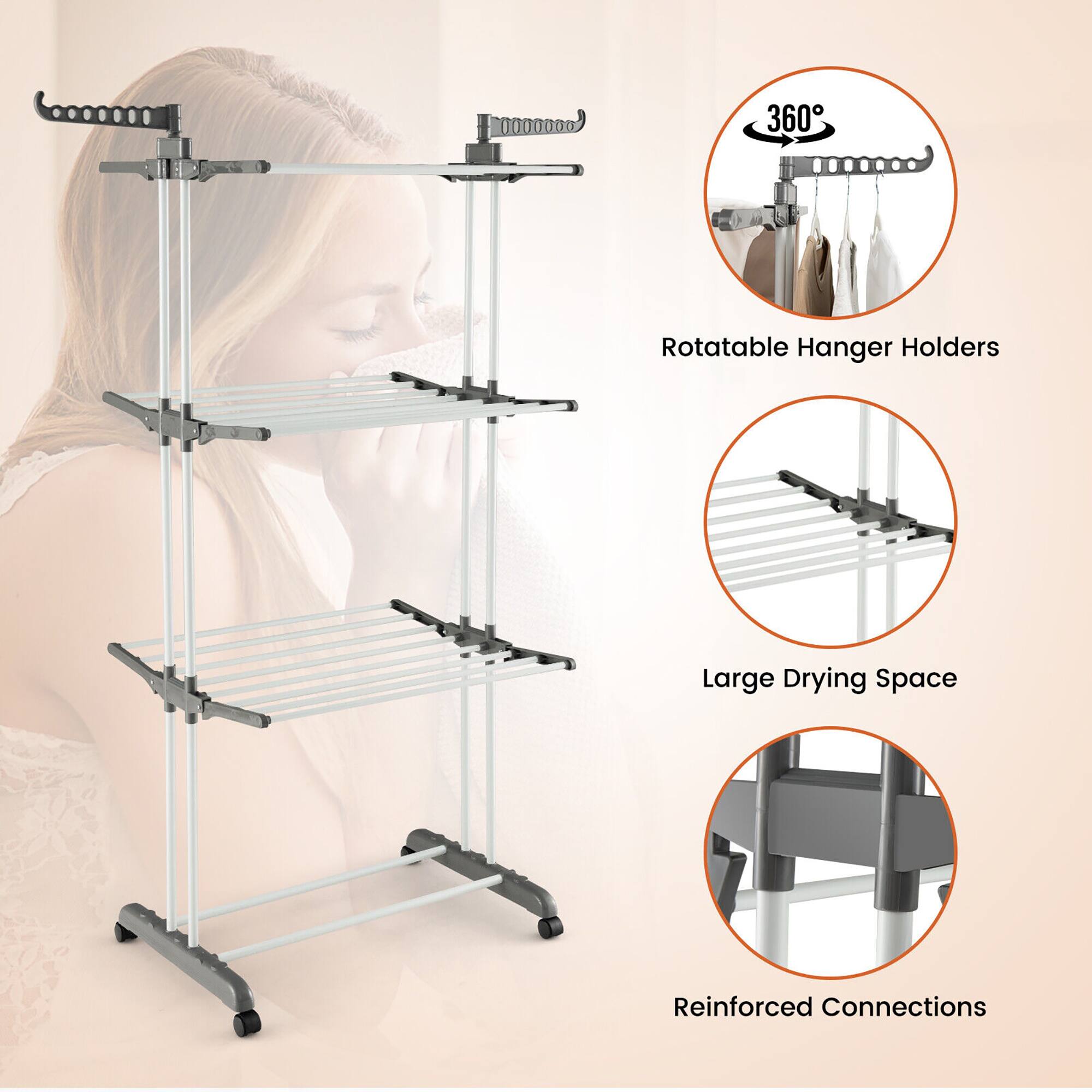 - 360° Rotatable Hanger Holders
- Large Drying Space
- Reinforced Connections