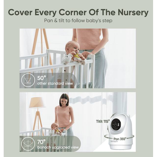 Cover Every Corner Of The Nursery, Pan & tilt to follow baby's step. 50° other standard view, 70° bonoch upgraded view, Titlt 115°, Pan 355° bonoch.