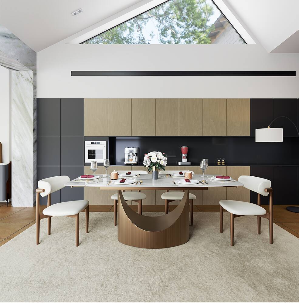 Angle. POVISON - 55"-79"Extendable Modern White Dining Table for 6-10,Rectangular Glossy Sintered Stone Tabletop,Bronze Carbon Steel Leg - Glossy White Sintered Stone with Bronze.