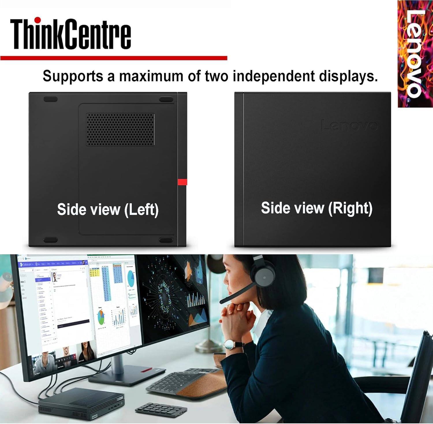 ThinkCentre  
Supports a maximum of two independent displays.  

Side view (Left)  
Side view (Right)
