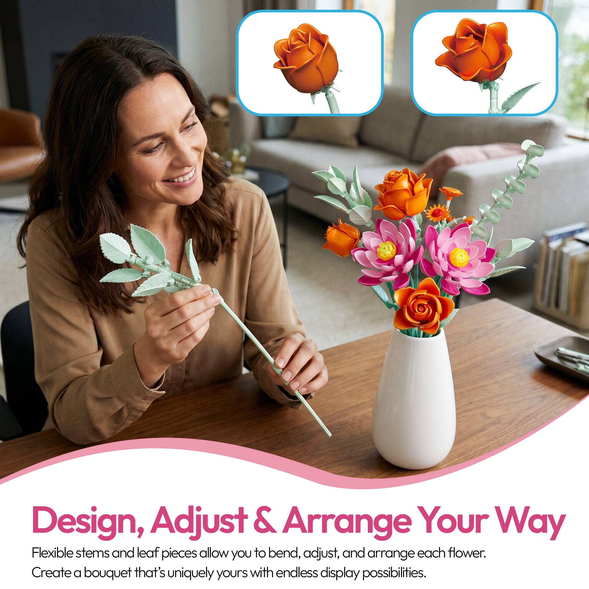 Design, Adjust & Arrange Your Way

Flexible stems and leaf pieces allow you to bend, adjust, and arrange each flower. Create a bouquet that's uniquely yours with endless display possibilities.