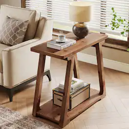 Tribesigns - Solid Wood End Table with Storage Shelves and Wood Grain Finish for Living Room, Bedroom and Entryway - Brown
