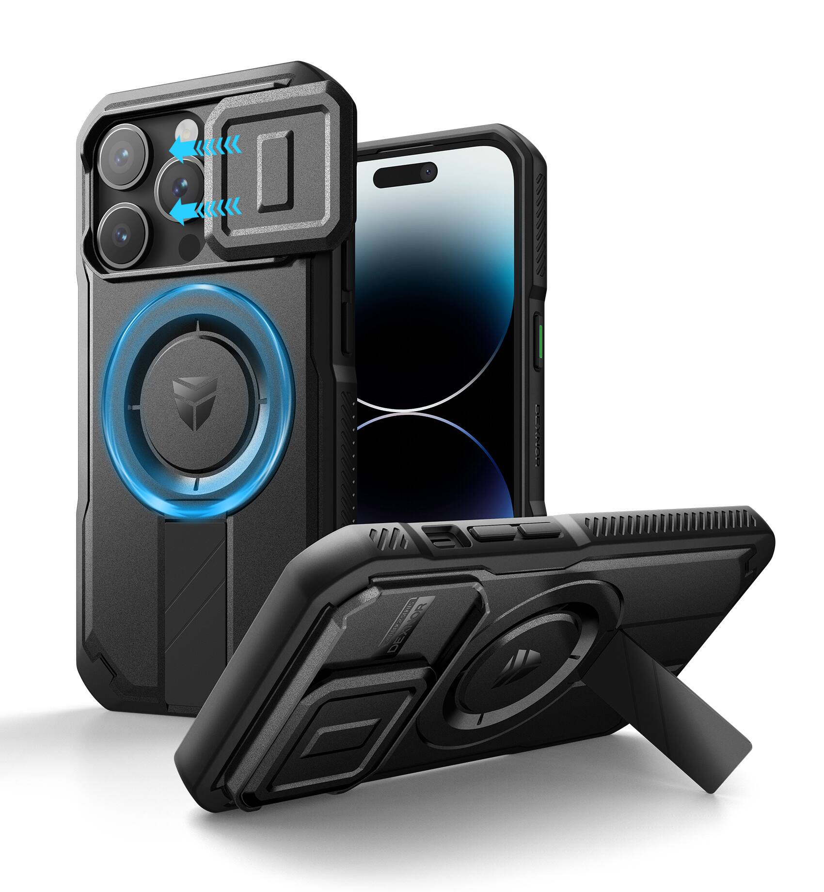 Angle. Dexnor - Phone Case for iPhone 14 Pro with Slide Camera Cover, Compatible with MagSafe Heavy-Duty Rugged Magnetic Shockproof - Black.