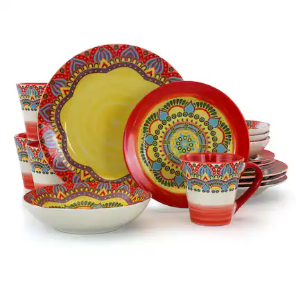 Front. Elama - Elama Zen Red Mozaik 16 Piece Luxurious Stoneware Dinnerware with Complete Setting for 4, 16pc - Red.
