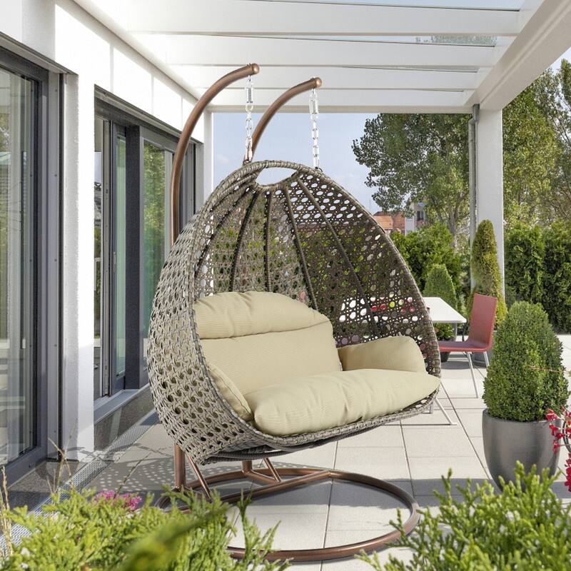 Left. LeisureMod - Leisuremod 2-Person Wicker Egg Swing Chair with Stand & Washable Cushions - Indoor/Outdoor Double Hanging Patio Chair - Taupe.