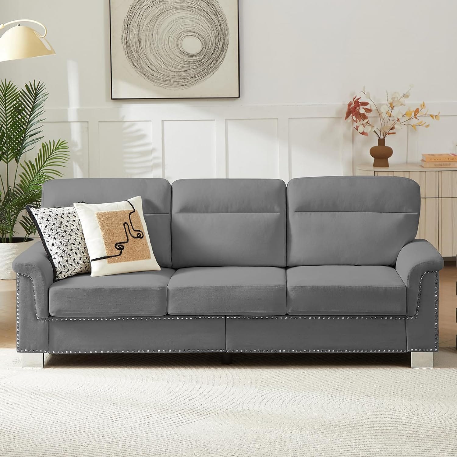 Trinkets Crazed - 82" Modern Compressed Snowfleece Fabric 3-Seater Sofa, for Living Room - Gray