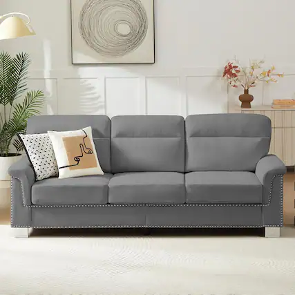 Front. Trinkets Crazed - 82" Modern Compressed Snowfleece Fabric 3-Seater Sofa, for Living Room - gray.