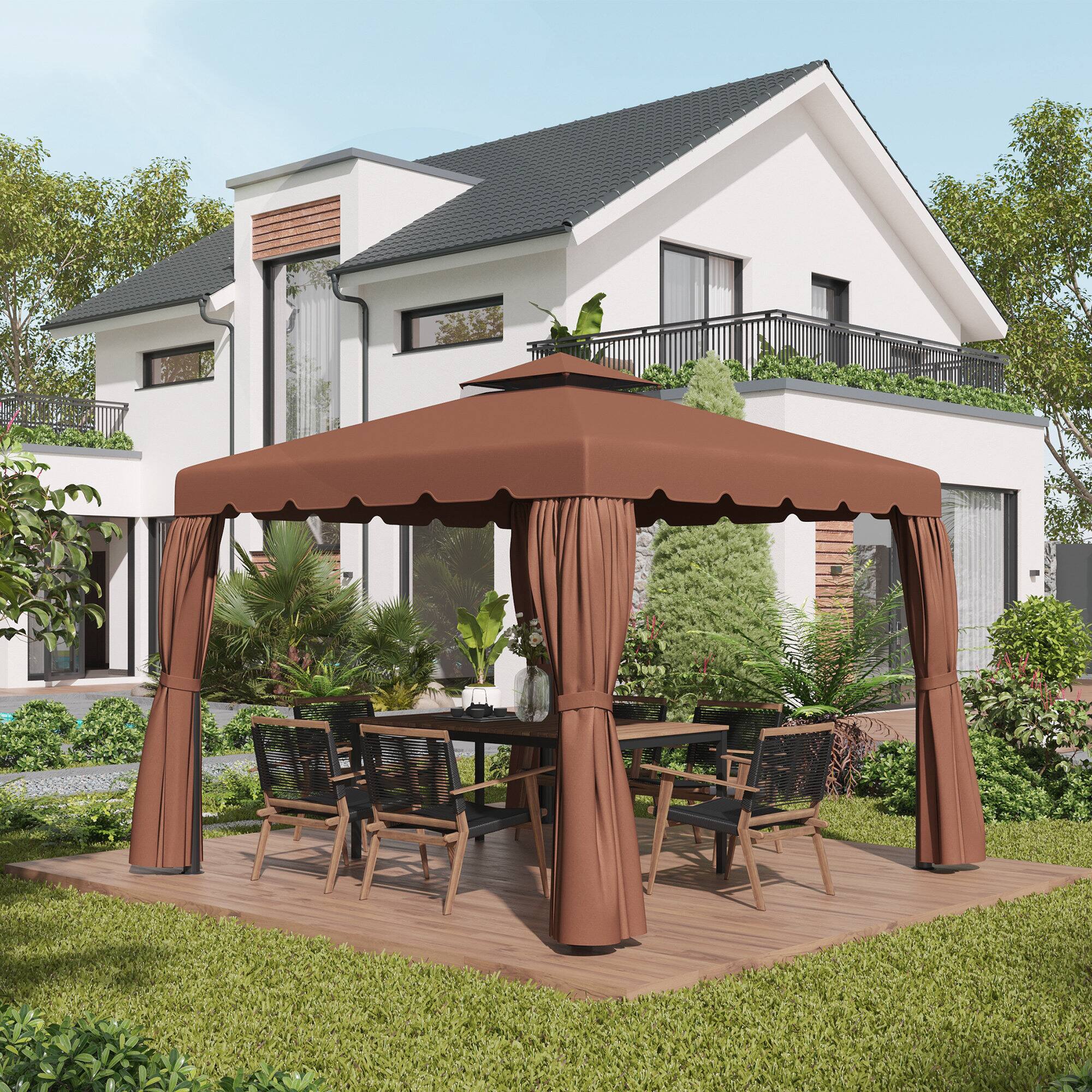 Alt View 1. Outsunny - 10' x 10' Gazebo Replacement Canopy, Gazebo Top Cover with Double Vented Roof for Garden Patio Outdoor (TOP ONLY) - Coffee.