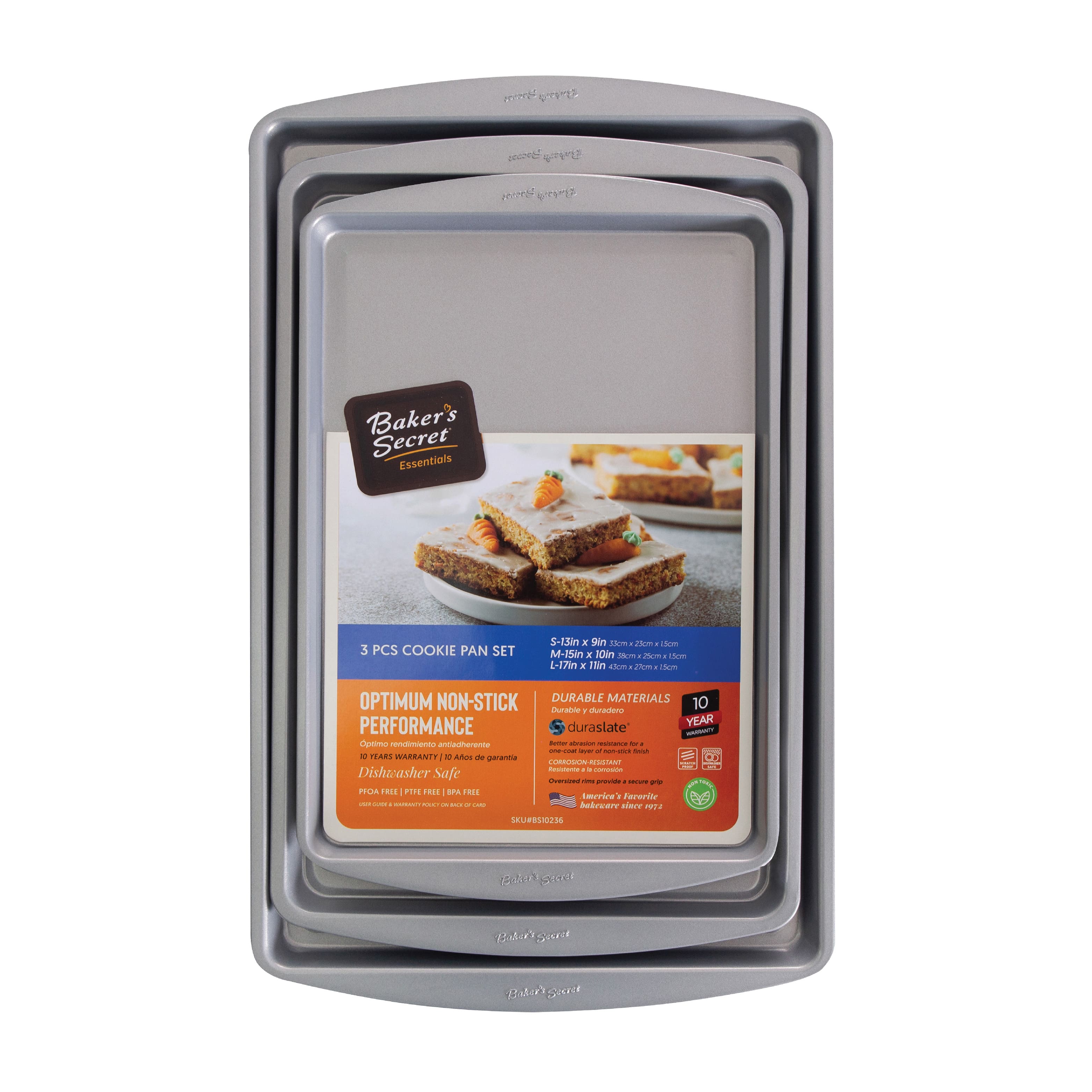 Baker's Secret - Set of 3 Cookie Sheet Non-stick 15"17"19" Essentials Line Carbon Steel - Dark Grey