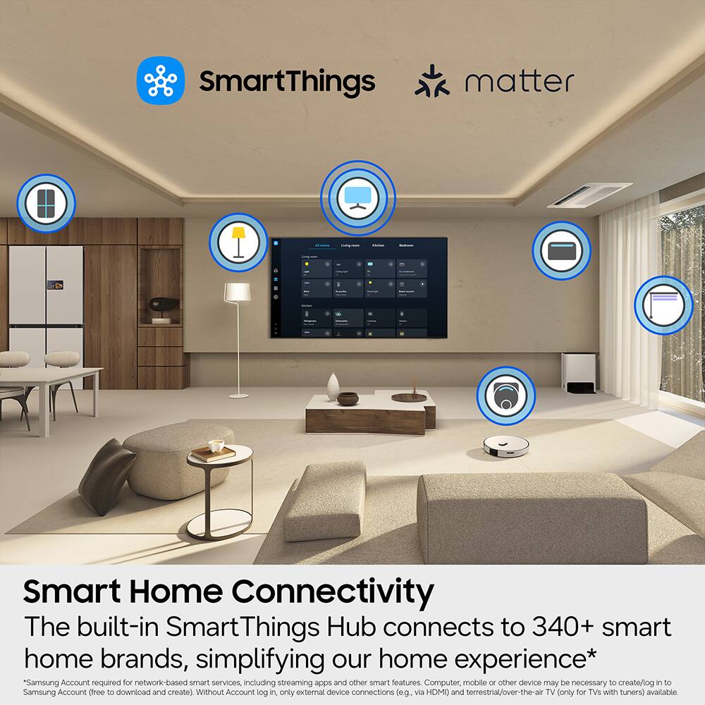 SmartThings  
matter  
LEISANS  
Jung more  
Kit/Mun  
Unity 100  
ayuni  
Inservings  

Smart Home Connectivity  
The built-in SmartThings Hub connects to 340+ smart home brands, simplifying our home experience*  
*Samsung Account required for network-based smart services, including streaming apps and other smart features. Computer, mobile or other device may be necessary to create/log in to Samsung Account (free to download and create). Without Account log in, only external device connections (e.g., via HDMI) and terrestrial/over-the-air TV only for TVs with tuners) available.