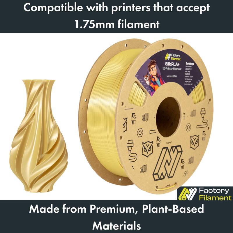 Compatible with printers that accept 1.75mm filament

Factory Filament Silk PLA+ Settings

Printer Filament - OC - 3 ModeinUSA - Dly - KIE an UT IN

Factory Filament Made from Premium, Plant-Based Materials