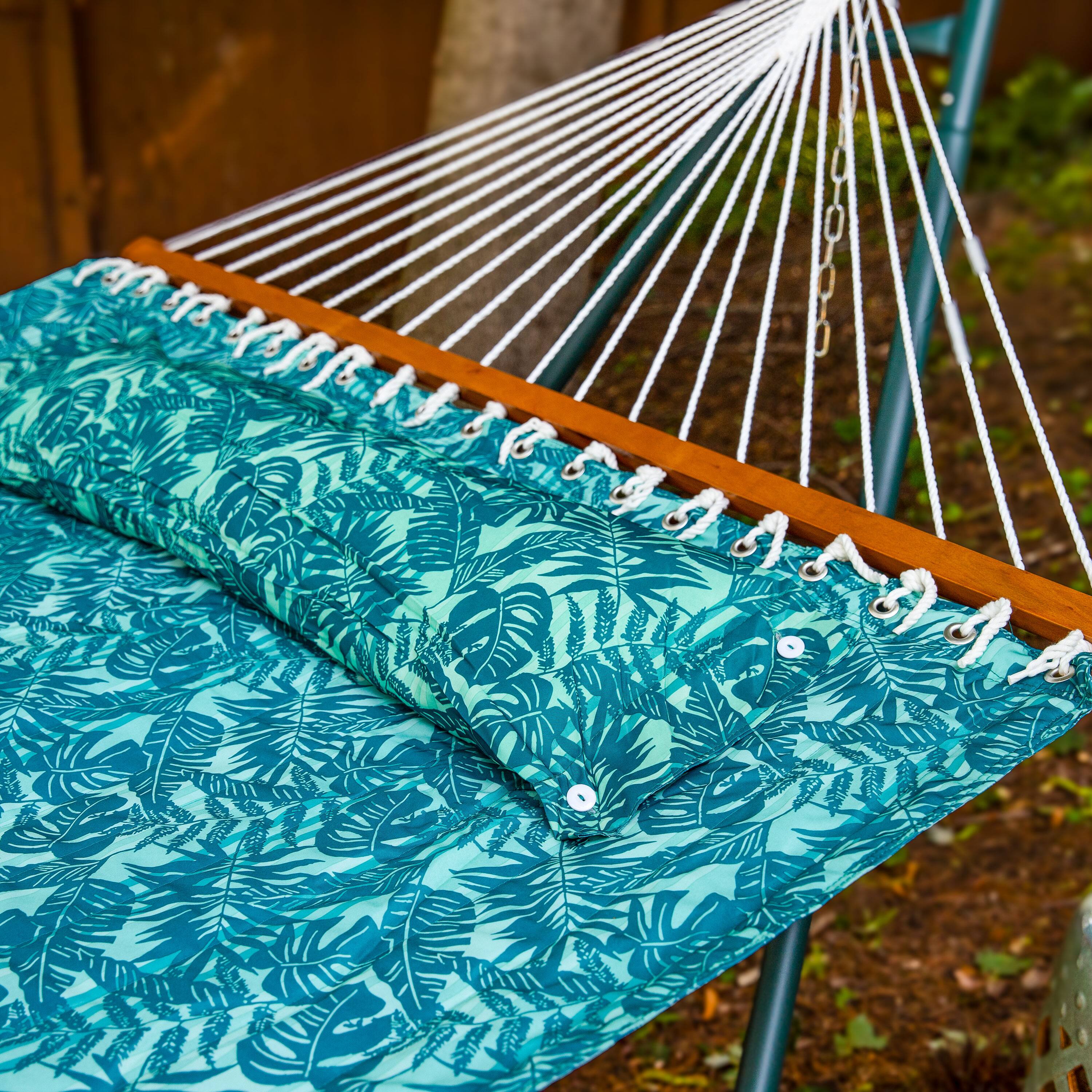 Alt View 10. Sunnydaze - Large Quilted Hammock with Spreader Bar and Pillow - Cool Blue Tropics.