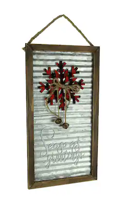 Direct International - Wood Framed Rustic Metal Seasons Greetings Wall Hanging - Gray