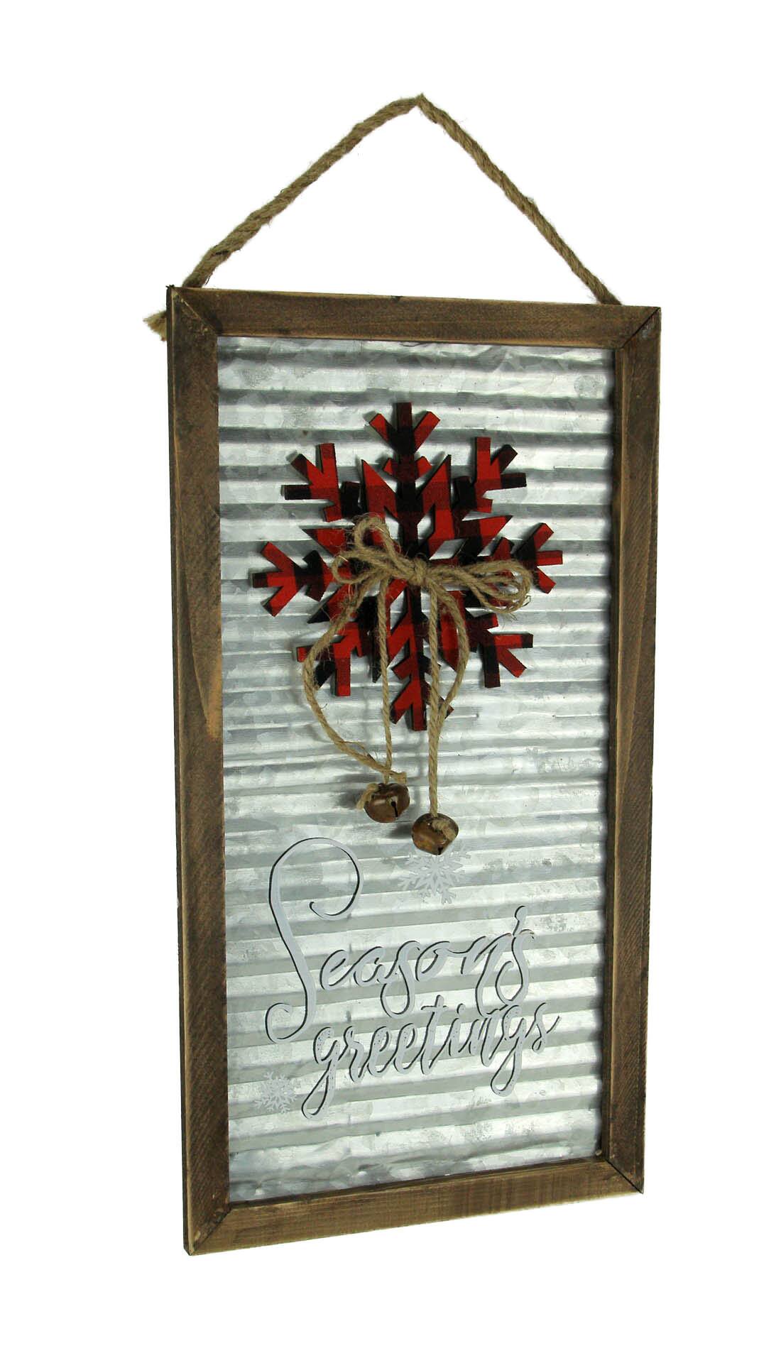 Front. Direct International - Wood Framed Rustic Metal Seasons Greetings Wall Hanging - Gray.