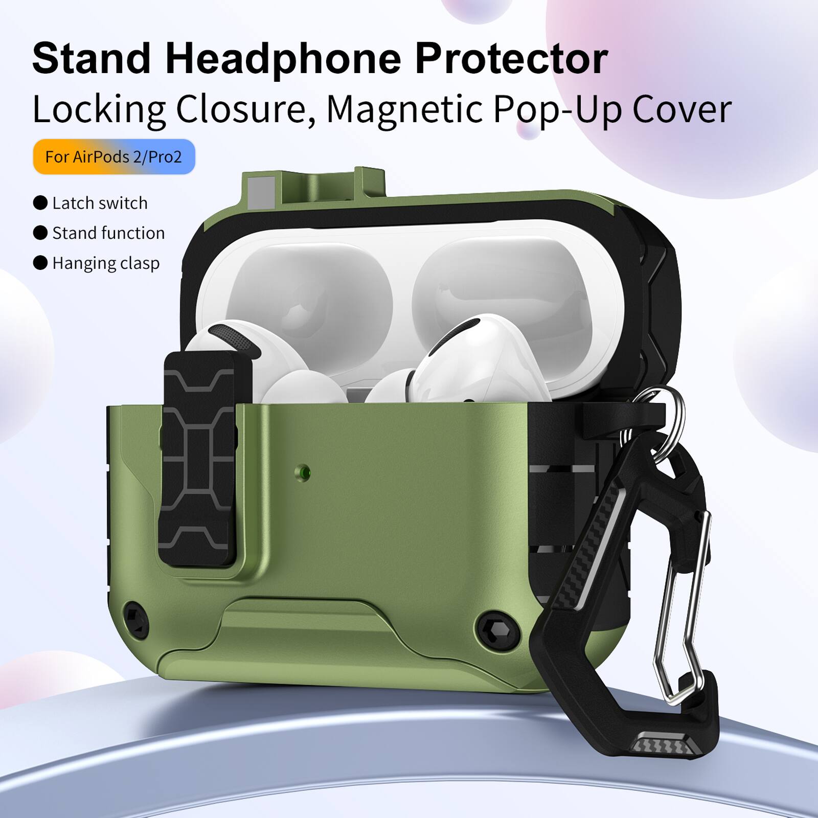 Stand Headphone Protector  
Locking Closure, Magnetic Pop-Up Cover  
For AirPods 2/Pro2  

- Latch switch  
- Stand function  
- Hanging clasp