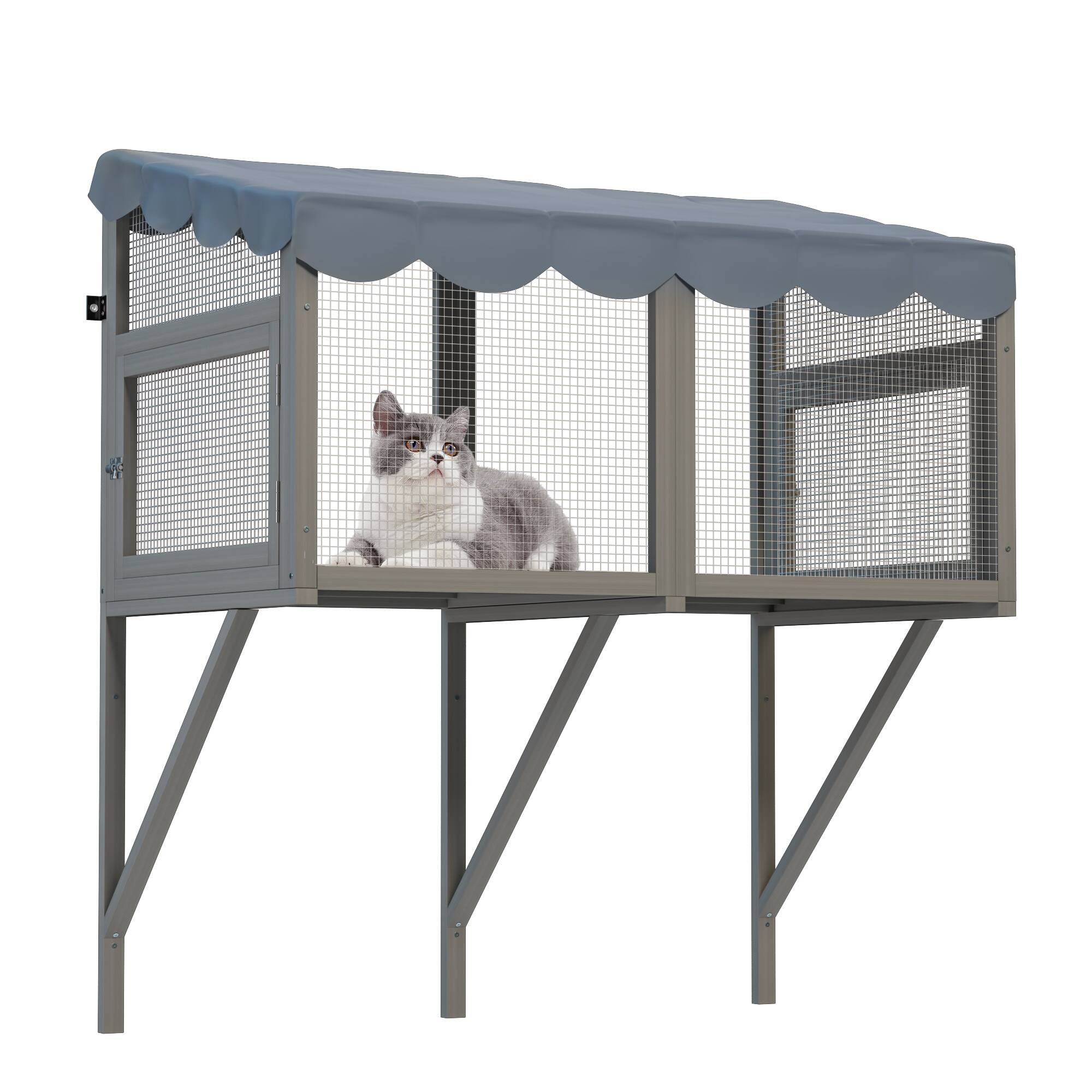 Alt View 4. Siljoy - Cat Window Catio, Expandable Wooden Enclosure with Wire Mesh, Waterproof Roof, for Indoor Cats.