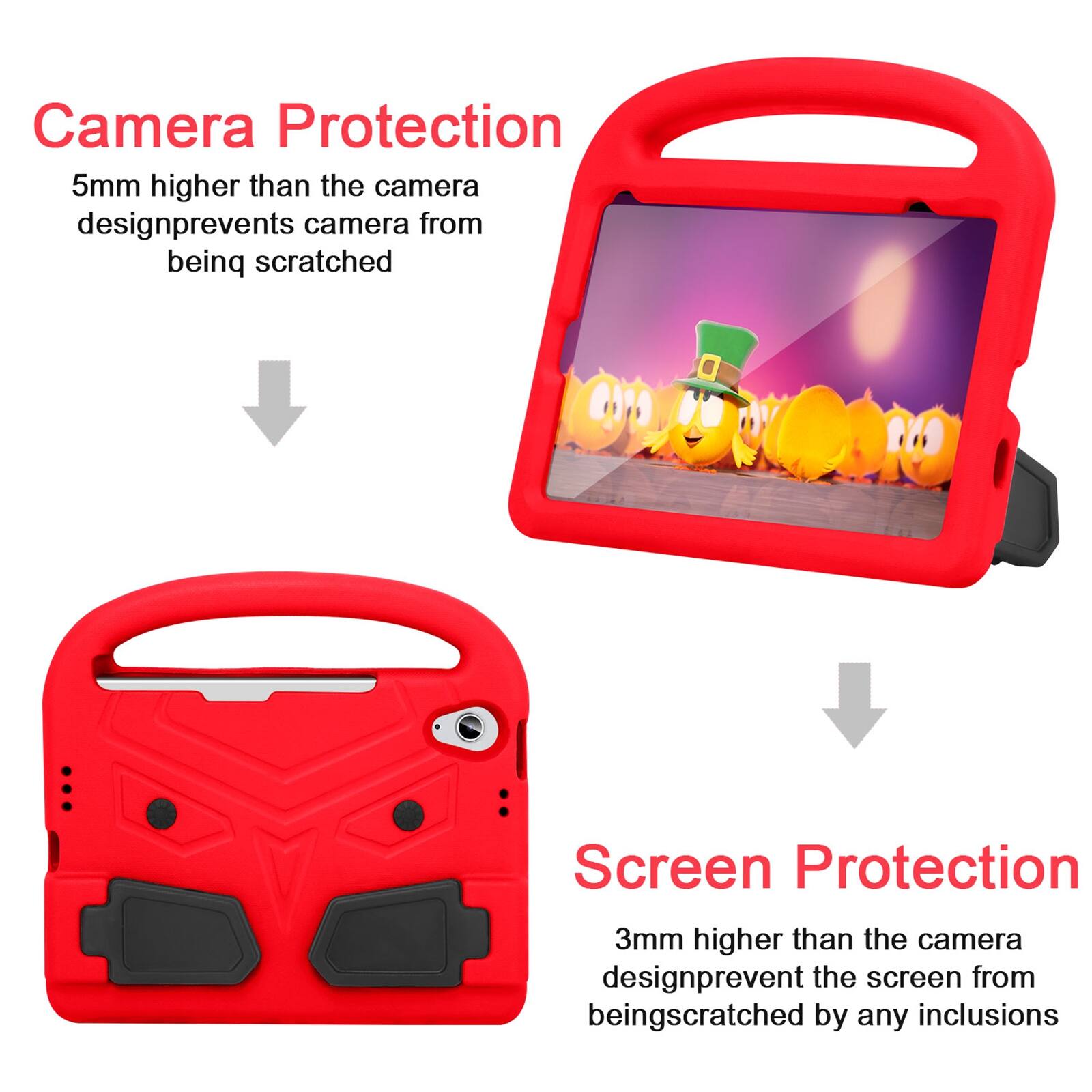 Camera Protection  
5mm higher than the camera design prevents camera from being scratched

Screen Protection  
3mm higher than the camera design prevents the screen from being scratched by any inclusions