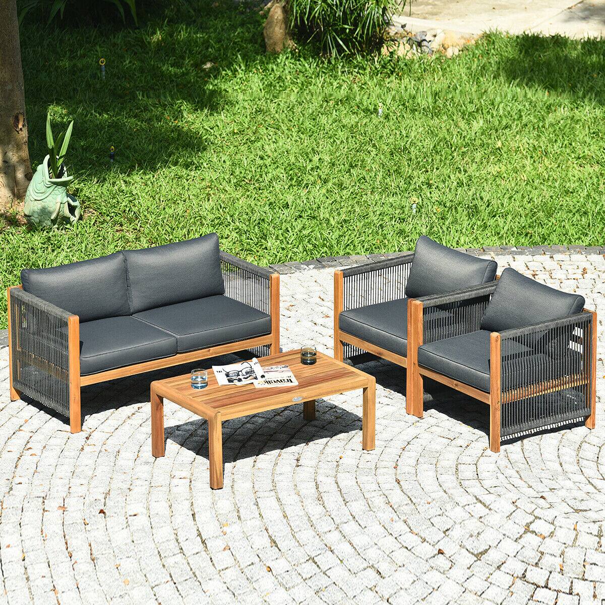 Alt View 3. Gymax - Gymax 8PCS Acacia Wood Outdoor Patio Furniture Set Cushioned Sofa W/Nylon Rope Armrest - teak and grey.