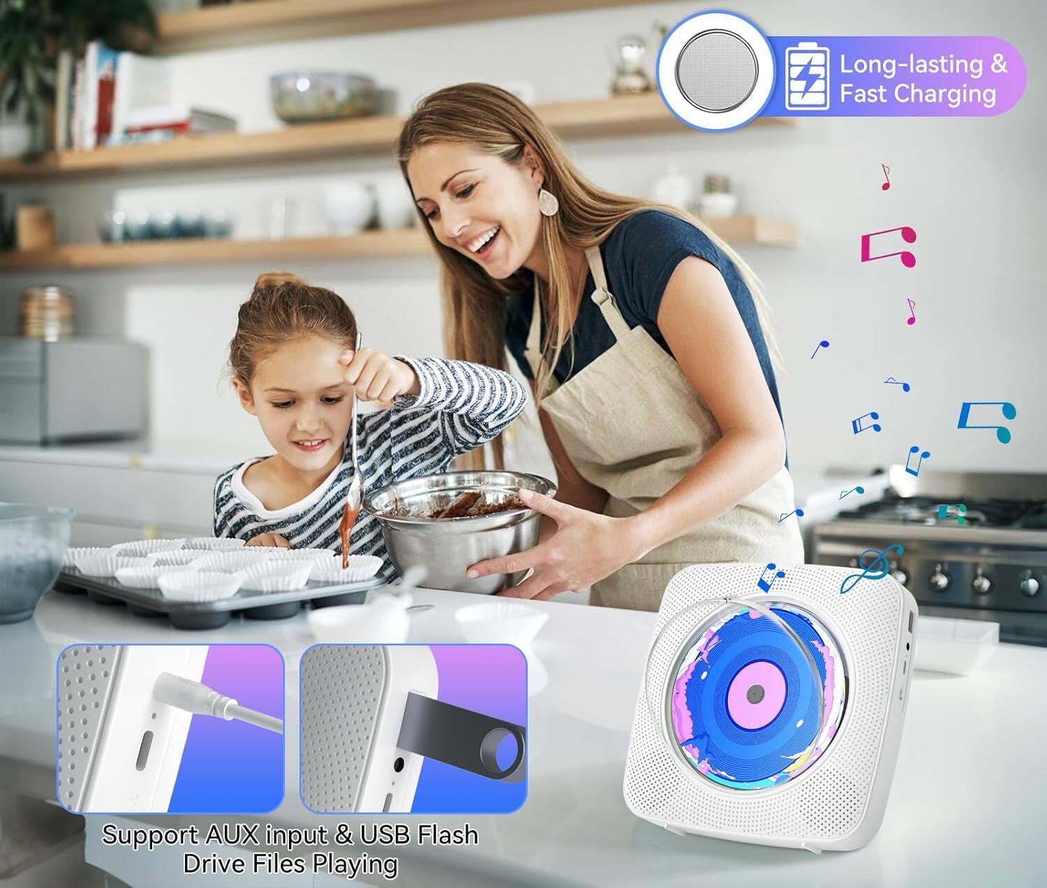 Long-lasting & Fast Charging  
Support AUX input & USB Flash Drive Files Playing