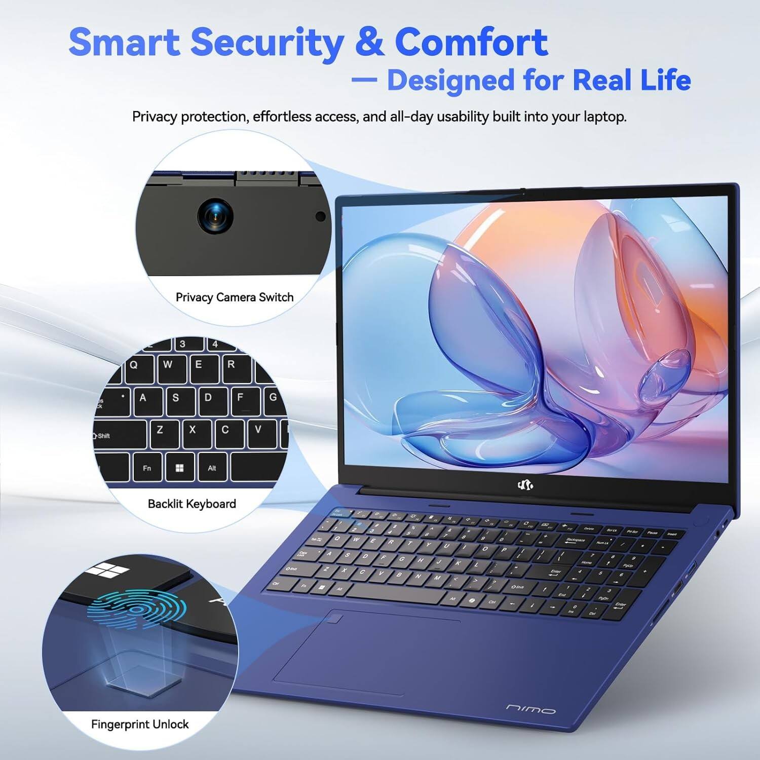 Smart Security & Comfort  
Designed for Real Life  

Privacy protection, effortless access, and all-day usability built into your laptop.  

Privacy Camera Switch  
Backlit Keyboard  
Fingerprint Unlock