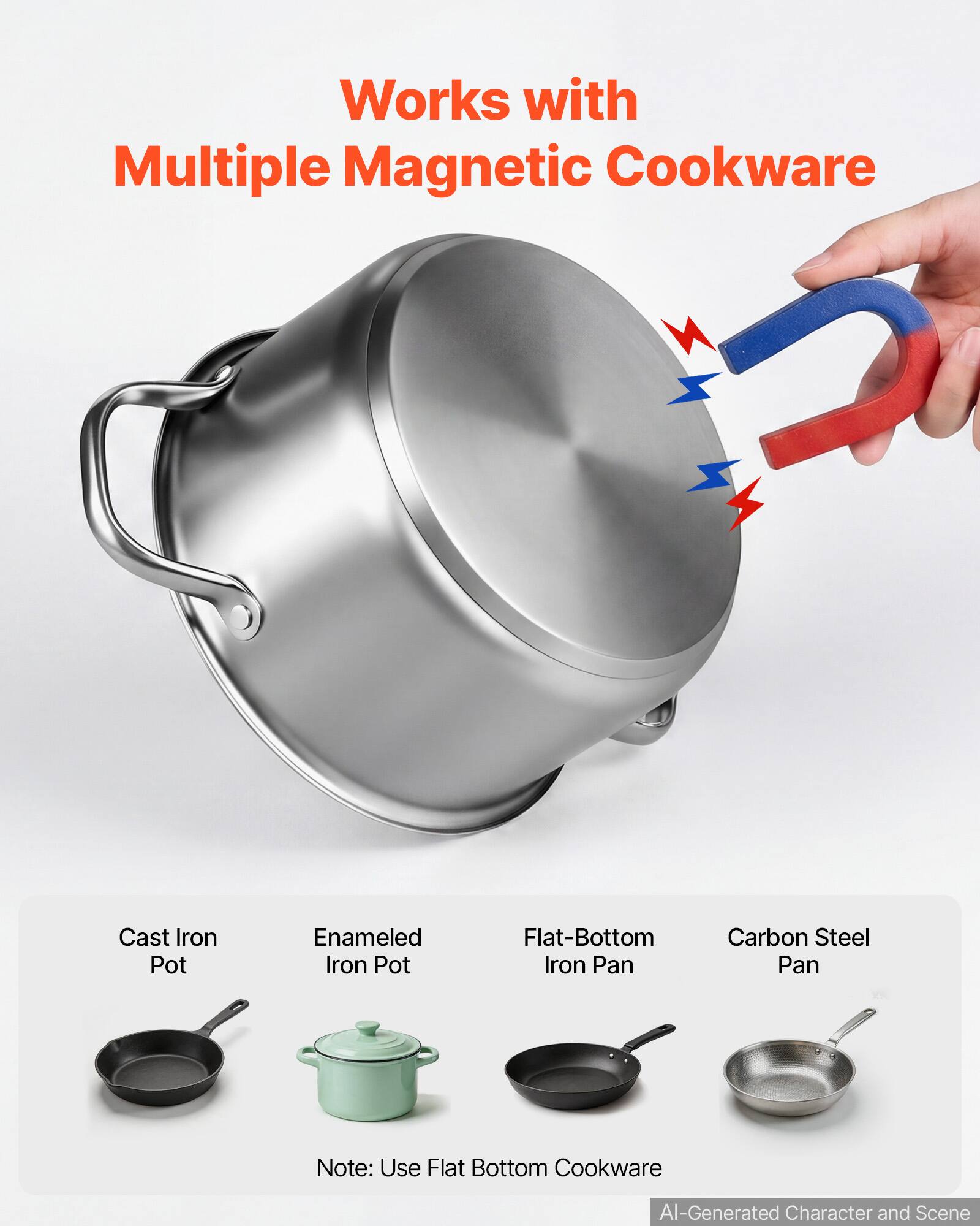 Works with Multiple Magnetic Cookware

Cast Iron Pot  
Enameled Iron Pot  
Flat-Bottom Iron Pan  
Carbon Steel Pan  

Note: Use Flat Bottom Cookware  

AI-Generated Character and Scene