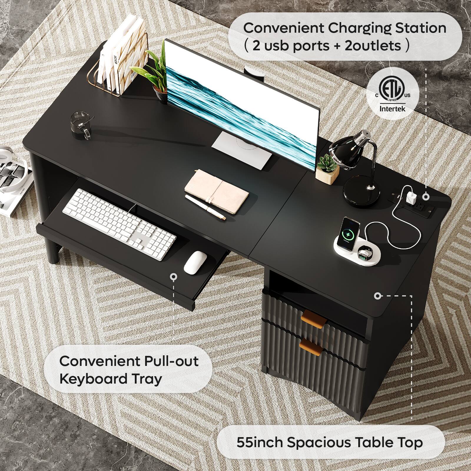 Convenient Charging Station (2 USB ports + 2 outlets) Convenient Pull-out Keyboard Tray 55-inch Spacious Table Top