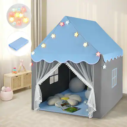 Front. Gymax - Gymax Kids Playhouse Tent Large Castle Fairy Tent Gift w/Star Lights Mat Blue - Blue + Gray.