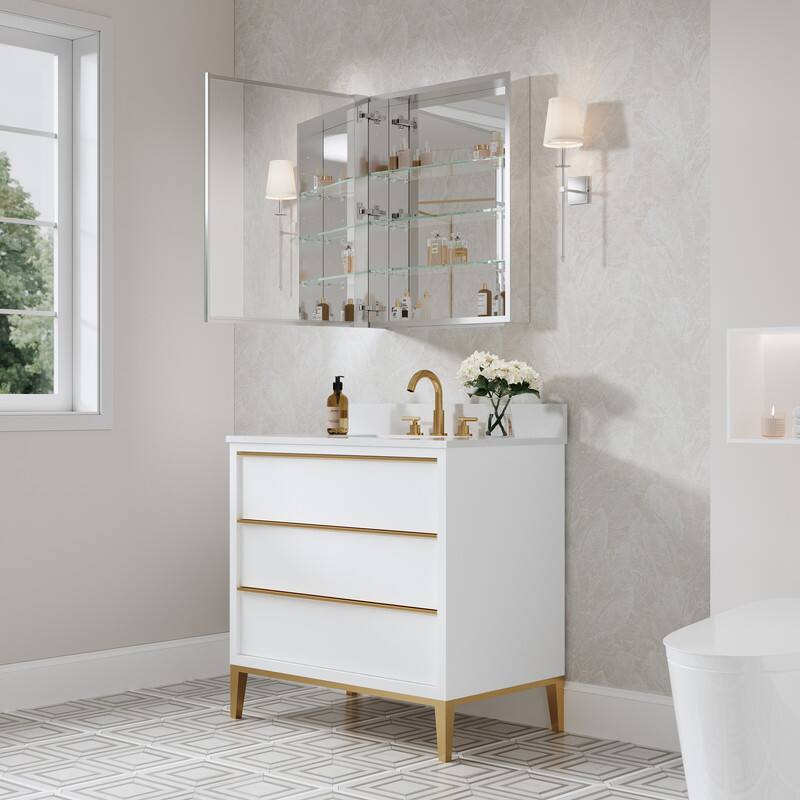Angle. WELLFOR - 24 in. W x 30 in. H Rectangular Aluminum Recess or Surface Mount Medicine Cabinet with Mirror, Soft Close Door - Silver.